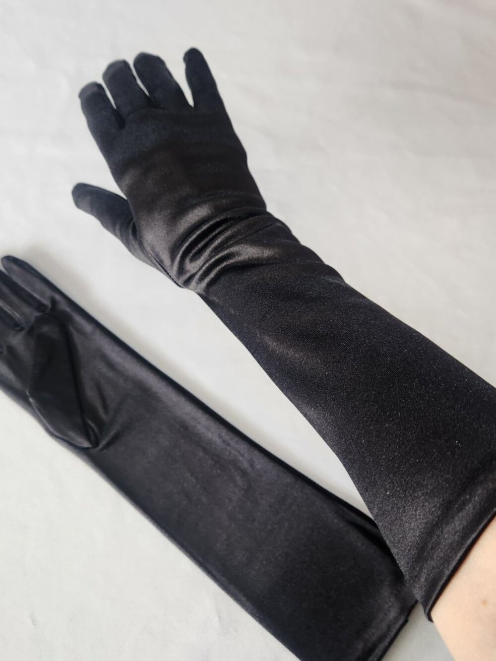 Black Satin Stretch Gloves Elbow Length Formal Halloween Costume Accessory NWT